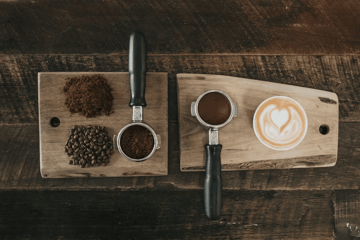 Coffee and journal on a wooden table