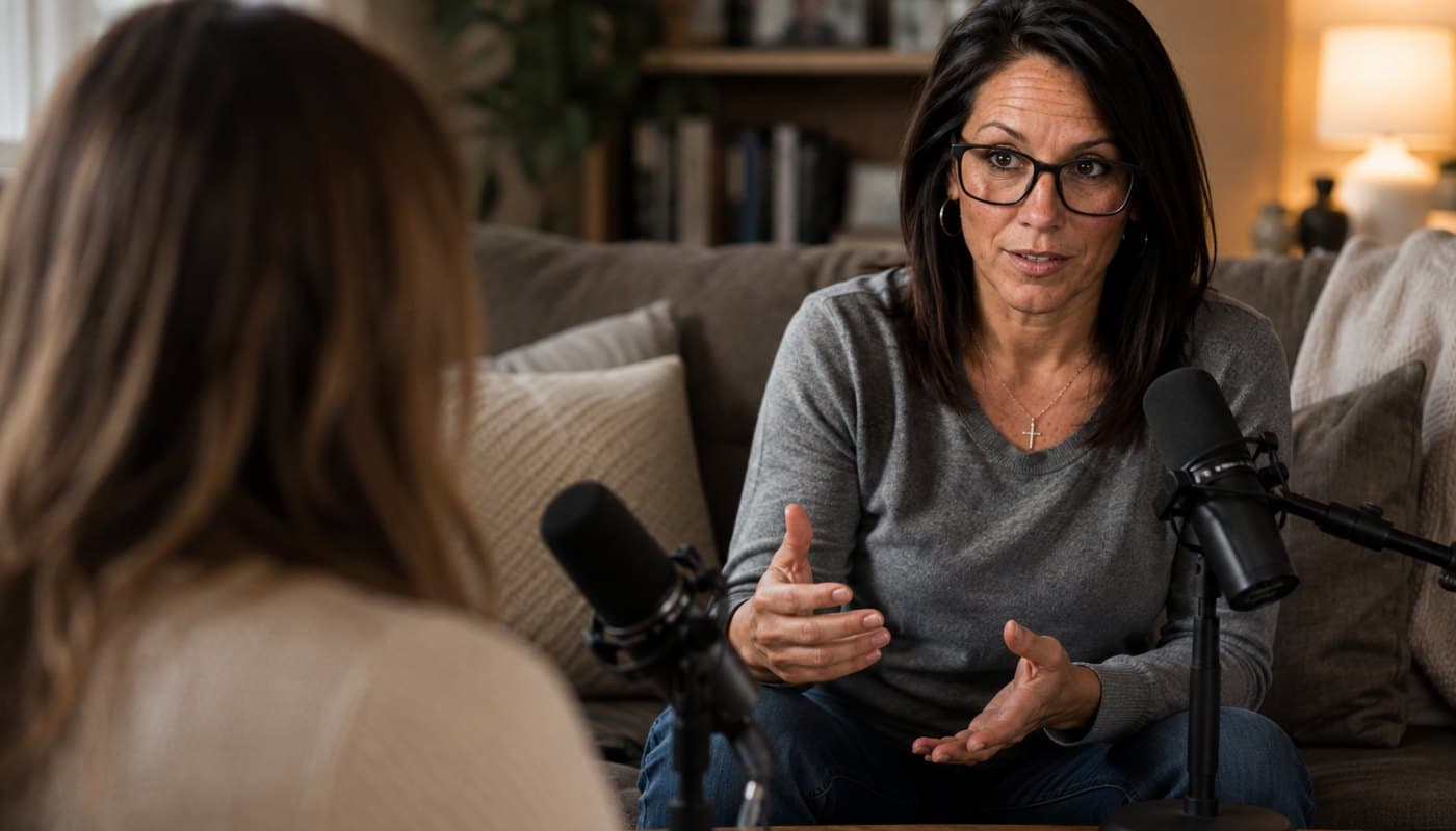 Stephanie Roxanne in her studio, mid-conversation on the couch with a microphone
